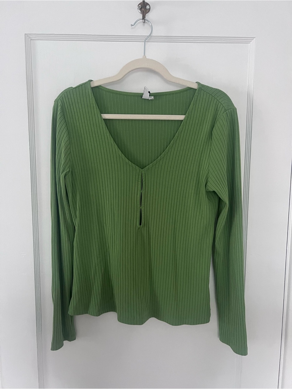 & Other Stories green Ribbed V-Neck Long-Sleeve Top